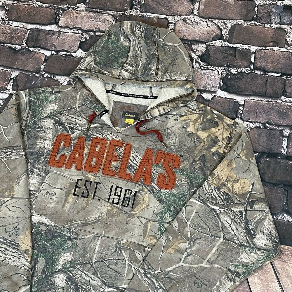 Cabelas RealTree Camo Hoodie Mens Large Brown Graphic Pullover Y2K Workwear
